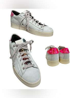 P448 Jack Low Top Light Gray Leather Sneakers Pink Metallic Heel Size 7.5